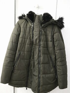 Thyme Maternity Olive Green Quilted Puffer Coat with Faux Fur Hood